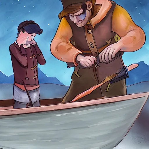 Image similar to hearthian and nomai building a boat together, outer wilds fanart