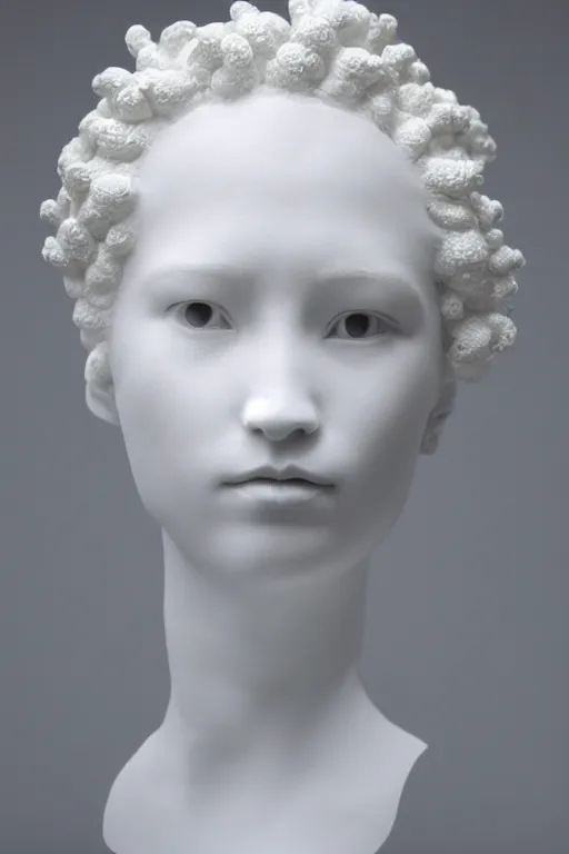 Prompt: full head and shoulders, beautiful female porcelain sculpture by daniel arsham and james jean, smooth, all white features on a white background, real reflective hair made from solid gold twisted on top of head, delicate facial features, white eyes, white lashes