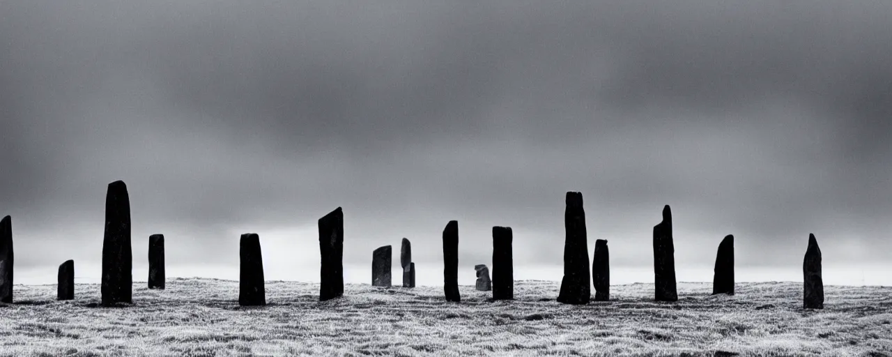 Prompt: The grim reaper stands stands among the neolithic standing stones of stenness, black and white, fog, grainy, snow, clouds