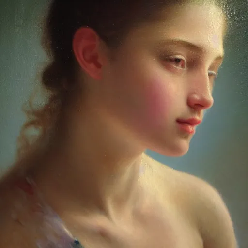 Image similar to hyperrealistic oil painting of woman, oil paint drips, dim volumetric lighting, 8 k octane beautifully detailed render, post - processing, portrait, extremely hyper - detailed, intricate, epic composition, cinematic lighting, masterpiece, by william - adolphe bouguereau, trending on artstation, very very detailed, masterpiece, stunning,