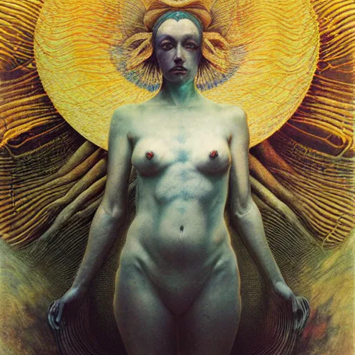 Image similar to queen of jupiter by zdzisław beksinski, iris van herpen, raymond swanland, craig mullins and alphonse mucha. highly detailed, hyper - real, beautiful