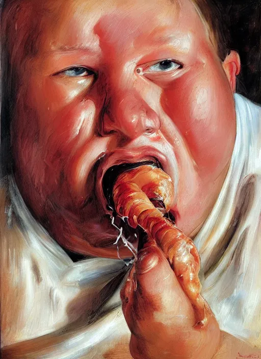 Prompt: high quality high detail painting by jenny saville, hd, a fat man eating spaghetti, photorealistic lighting