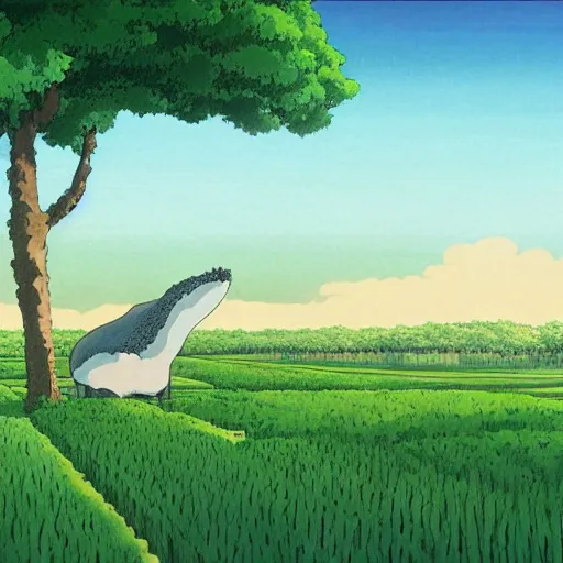 Prompt: a giant whale in a rice farm by Studio ghibli, concept art, golden ratio