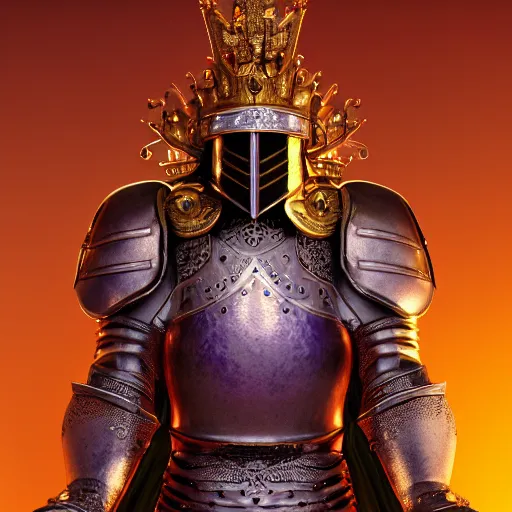 Image similar to a highly detailed knight with glowing purple eyes in a T golden helmet and a golden crown with a blue diamond in the center, golden armor, leather clothes under the armor, leather gloves, holds a black sword, artstation, DeviantArt, professional, octane render, sunset lighting