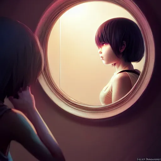 Prompt: very small little girl by ross tran, reaching into their reflection in the mirror by sana takeda, rtx reflections, very high intricate details, digital anime art by artgerm, medium shot, mid - shot, composition by ilya kuvshinov, lighting by greg rutkowski
