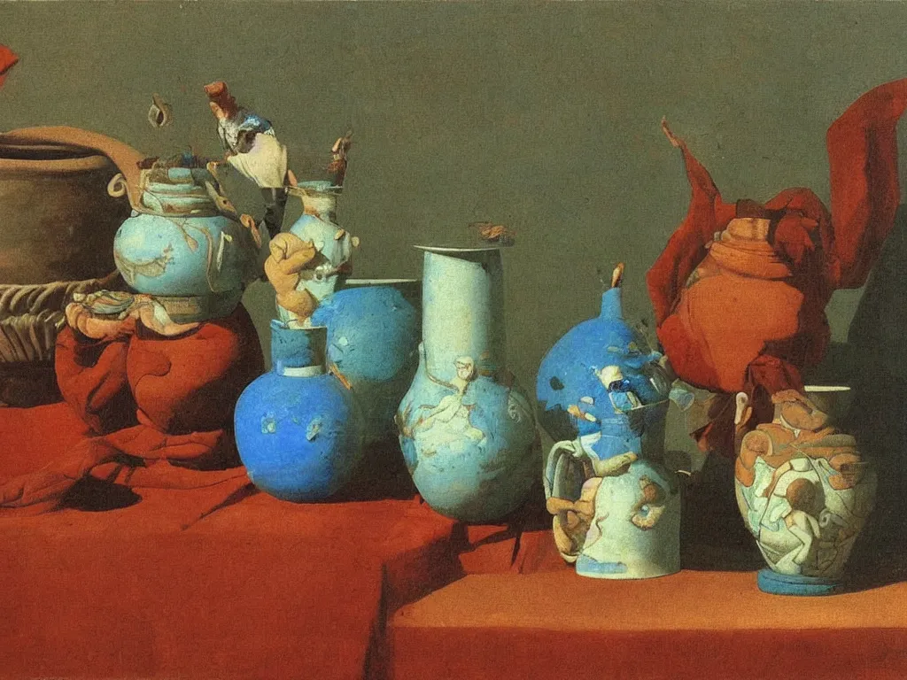 Prompt: greek painted ceramic, pottery, amphora, vase, negative - positive, floating in the night sky. lapis - lazuli, turquoise, malachite, cinnabar, earth brown. painting by georged de la tour, balthus, agnes pelton