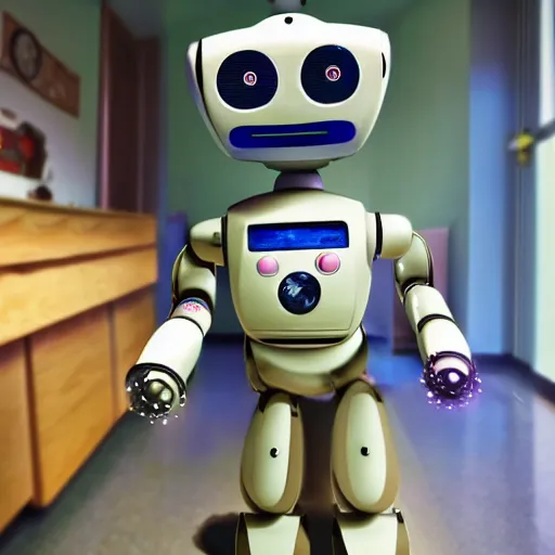 Image similar to a toy robot nurse intended to keep in house hospital patients healthy and happy and to provide company to the lonely, meant to bring hope and joy, very friendly and sweet, a nurse robot, real life, vhs distortion, positive