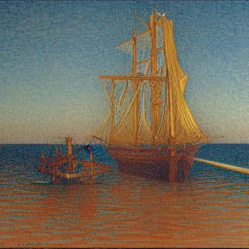 Prompt: Caravel at port in Kingstown by Jean Delville