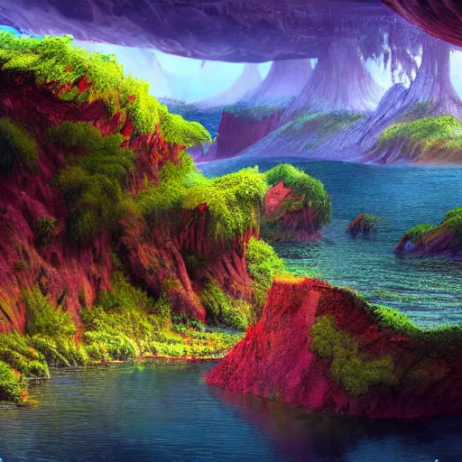 Image similar to digital painting of a lush natural scene on an alien planet by harlew flume. digital render. detailed. beautiful landscape. colourful weird vegetation. cliffs and water.