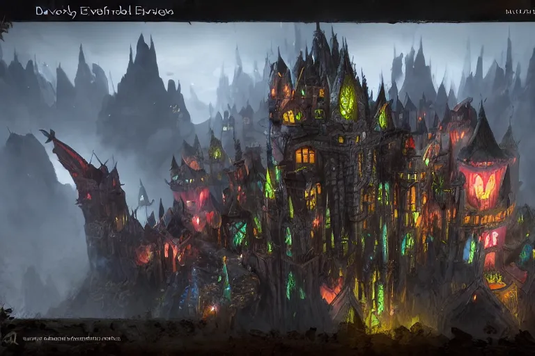 Image similar to big evil fairy castle - city rock dark shadow elves, might and magic heroes 7, dark fantasy, shadows, artstation trending, unreal engine 5, red