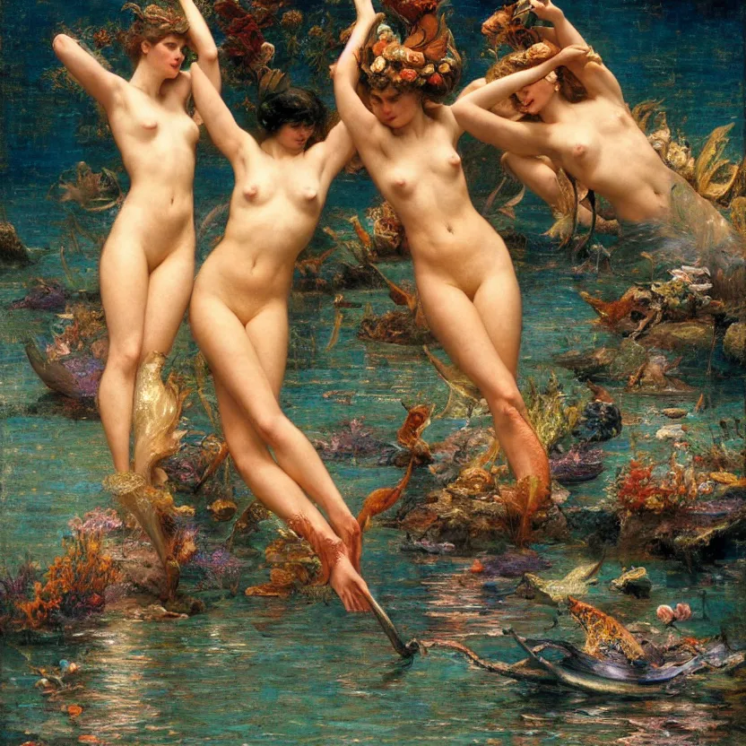 Image similar to mermaids wrestling, hard lighting, graceful, full body, warm lighting, painting by gaston bussiere, craig mullins, j. c. leyendecker, lights, art by ernst haeckel, john william godward, hammershøi