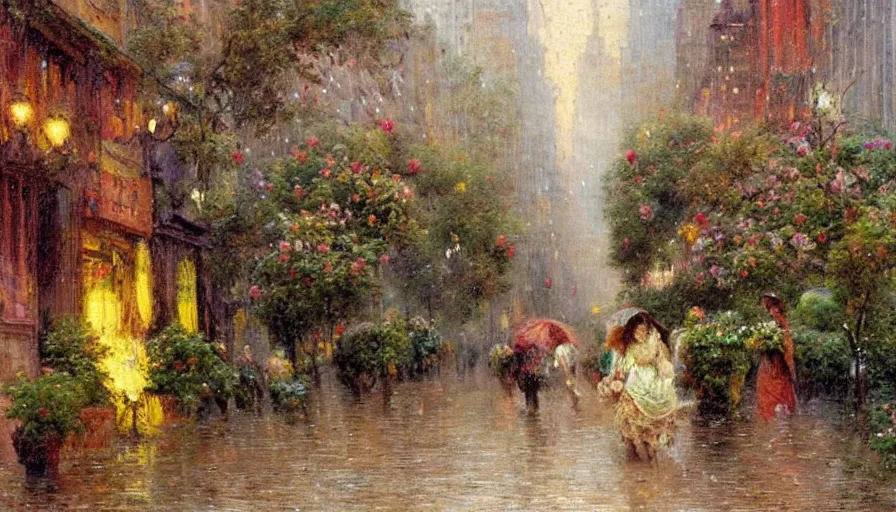 Image similar to city full of flowers, plant and trees, during heavy rain, in the style of Gaston Bussière, Art Nouveau