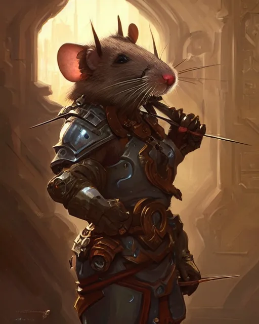 Prompt: cute pet rat short muscular warrior cyberpunk theme medieval, deep focus, d & d, fantasy, intricate, elegant, highly detailed, digital painting, artstation, concept art, matte, sharp focus, illustration, hearthstone, art by artgerm and greg rutkowski and alphonse mucha