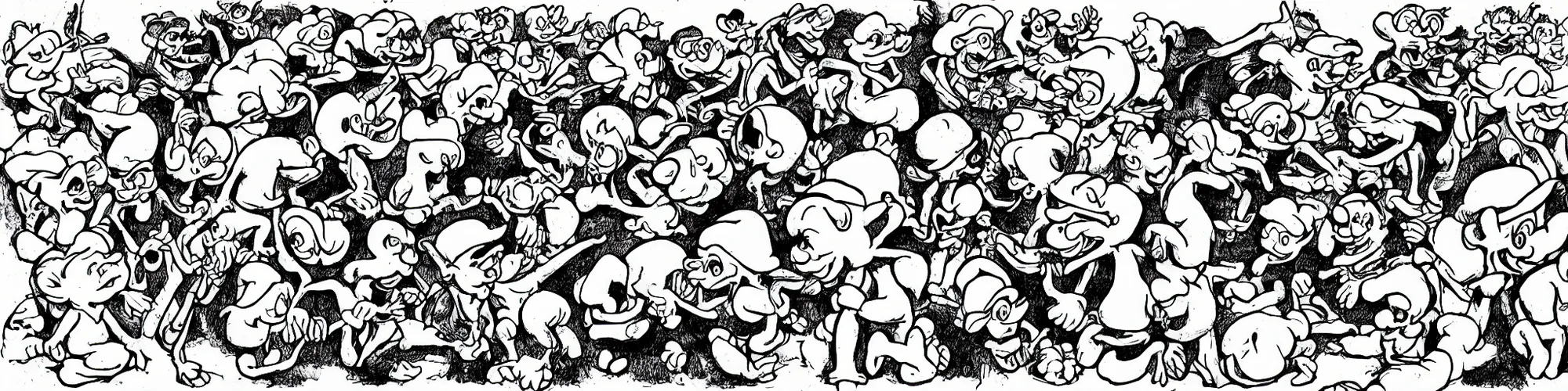 Image similar to smurfs and long whitr bones black and white, line art, pen & ink drawing