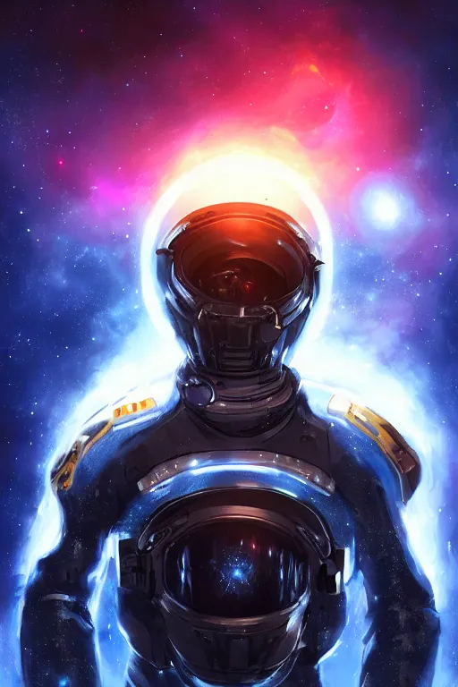 Image similar to cinematic action shot handsome black man in an advanced spacesuit in front of exploding nebulae halos, digital illustration trending on artstation by artgerm and rutkowski