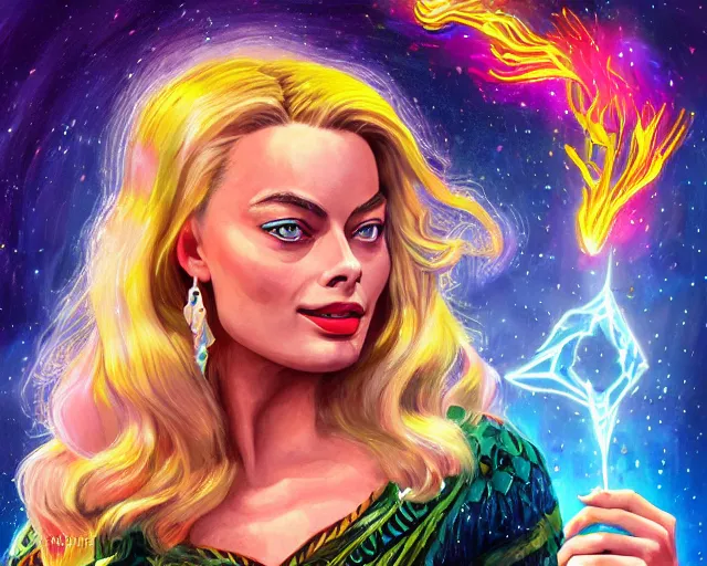 Image similar to margot robbie as a beautiful magician casting colorful spells, fantasy art, in the style of JAMES MCCARTHY, illustration, epic art, fantasy, intricate, elgant, amazing detail, digital painting, artstation, concept art, smooth, sharp focus