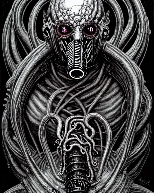 Image similar to dark scary atomospheric detailed outsider cyberpunk demon with scaly tentacles from the netherealm wearing a gas mask by hr giger and alex grey