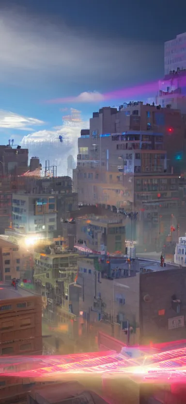 Prompt: unreal engine 5 render of a happy city on a sunny day with lasers coming out of the clouds, digital art ”