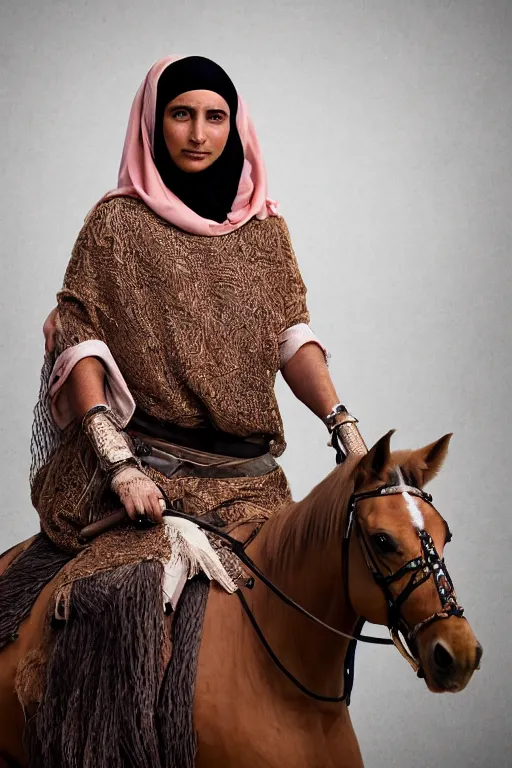 Image similar to hyperrealistic portrait from middle eastern burqa woman riding horse, with riffle in her chest, super highly detail, accurate boroque, without duplication content, white border frame, medium close up shot, justify content center, symmetrical, incrinate, cinematic, dust, award winning photos, vogue, shadow effect, luminate, sharp focus, realistic human