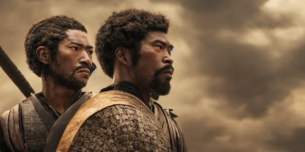 Image similar to a film still of a black man starring in a japanese blockbuster film as ancient samurai, intense, shallow depth of field, cinematic, award winning cgi, vfx, film still