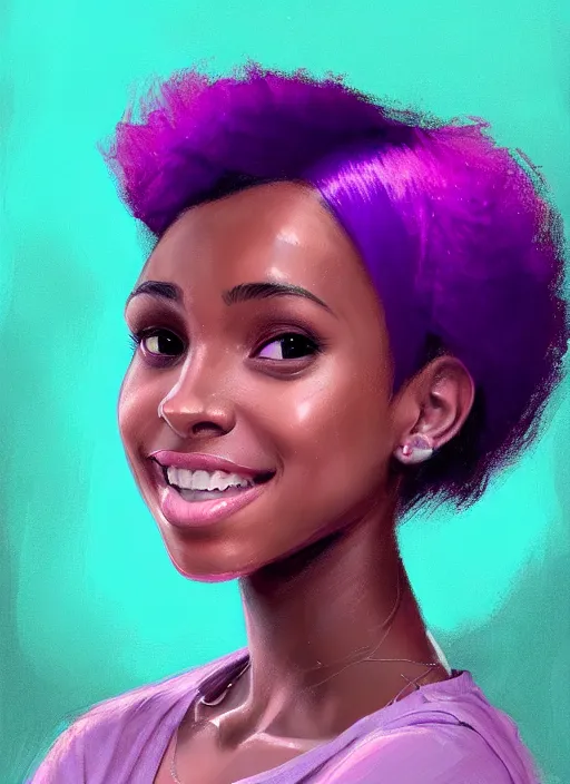 Image similar to portrait of vanessa morgan, black teenage girl, pink hair, pixie haircut, purple cap, hoop earrings, subtle confident smile, intricate, elegant, glowing lights, highly detailed, digital painting, artstation, concept art, sharp focus, illustration, art by wlop, mars ravelo and greg rutkowski