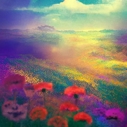 Image similar to spirits over the horizon, spiritual, digital art, warm color palette, colorful, vapor, mist, flowers, floral, diffraction grading, de - noise, by akihito yoshida, by weta fx, by yaoy kusama, by yoshitaka amano