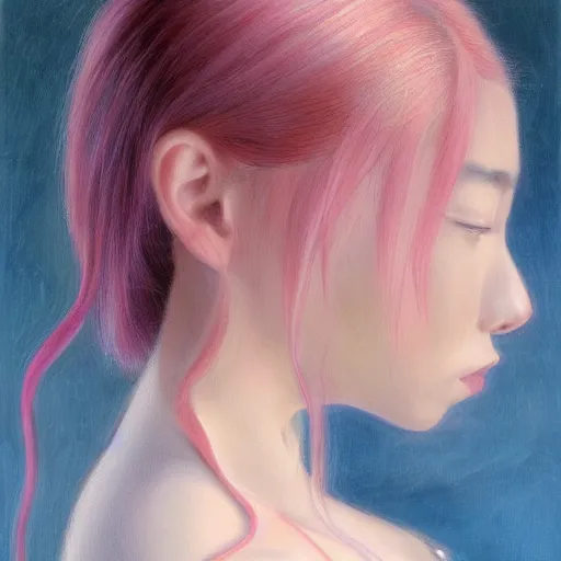 Prompt: stunning serene anime portrait of a young woman of middling height with a light complexion by Mark Arian, oil on canvas, masterpiece, realism, piercing gaze, autumn bokeh, hair reaches near her mid-back and forms rounded locks mainly blue in coloration, but with thin, pink-colored streaks running through, one white streak of hair over her left eye, blunt bangs fall on her forehead, split near the left, and an ahoge stands up on her head, has horns: a sharp, upward-curving pair emerging from the sides of her head, white in color, that resembles a bull\'s, eyes are large, round, fringed by long lashes, and encompass violet irises, lower face up to the nose is covered by a pink face mask with a scalloped edge, trimmed with a white stripe, wearing a long-sleeved minidress that is white and pleated above the waist, with a blue bow below a point collar, the dress\'s lower, light-blue, and non-pleated section, with a button placket in the middle, ends in a short skirt part that has a slightly ruffled hem, leaving most of her legs visible. Fastened on her shoulders is a darker-blue cape trimmed with light-blue fur on its edges with blue insides, which goes near the ground, and her footwear is red high heels, view from below