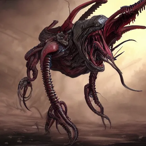 Prompt: xenomorph combined with tyranid ripper swarm, concept art