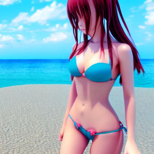 Image similar to Beautiful anime babe wearing a bikini at the beach, Highly Detailed, Photorealism, HD quality, 8k resolution, cinema 4d, 3D, unreal engine 5, high quality, beautiful, cinematic
