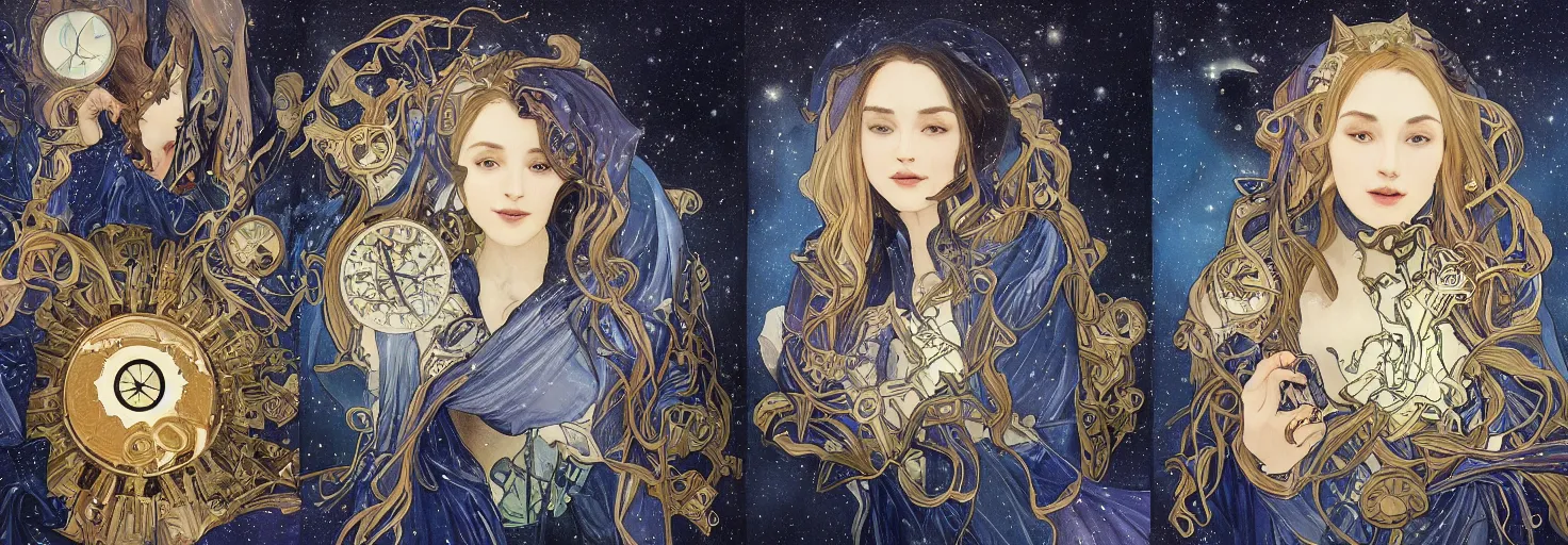 Image similar to cloaked dark winter night, awardwinning art by sana takeda and artgerm and alphonse mucha, conceptual volumetric realism, astronomical star constellations and watch gears, traditional moon, candle, tattoo, maiden and fool and crone, ultramarine blue and gold