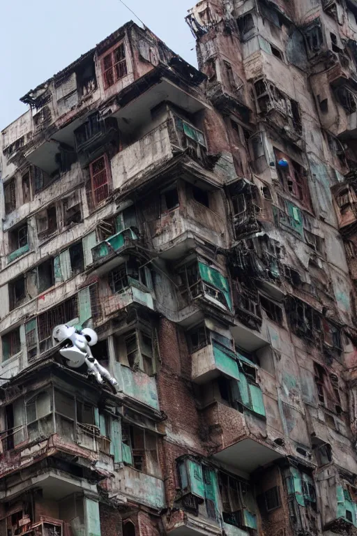 Prompt: long shot of a robot climbing up the side of kowloon walled city, photograph of a climbing robot