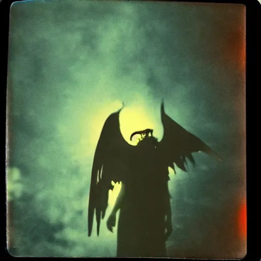 Prompt: a dying devil with tar drip wings standing in the shade of the backlit cosmic light, rich decaying bleeding colors a polaroid picture taken by hollywood