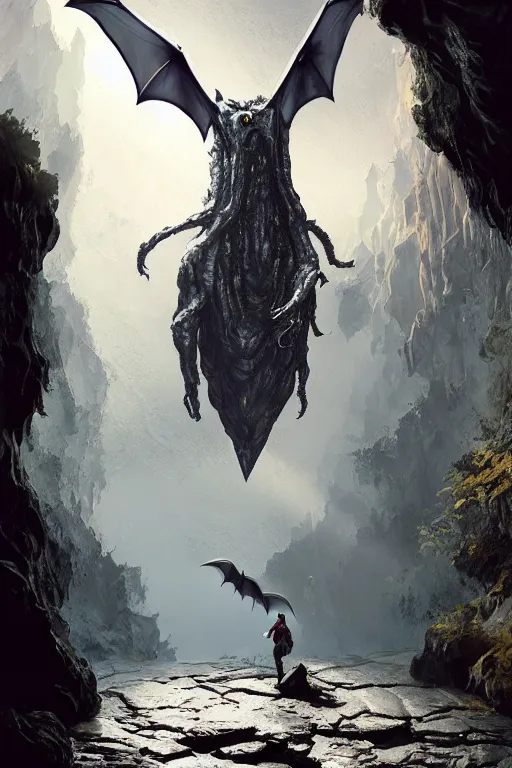 Image similar to giant bat in a limestone cave with small water puddles on the ground, lovecraftian creature, dynamic lighting, volumetric, bokeh, cinematic, establishing shot, extremly high detail, photo realistic, cinematic lighting, post processed, concept art, artstation, matte painting, style by eddie mendoza, raphael lacoste, alex ross