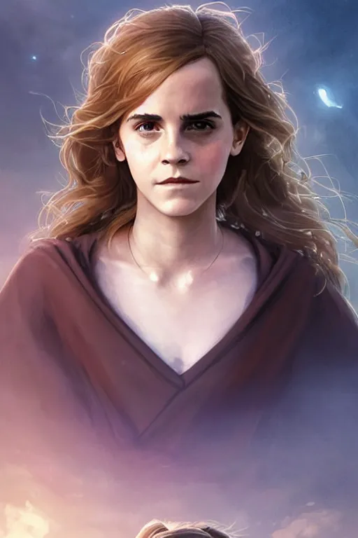 Prompt: Poster artwork, Emma Watson as Hermione Granger, wearing hogwarts!!! robes!!!, magnificent, medium close up, details, sharp focus, elegant, highly detailed, illustration, by Jordan Grimmer and greg rutkowski and PiNe(パイネ) and 薯子Imoko and 香川悠作 and wlop!!!! and maya takamura, intricate, beautiful, sunset!!!, Trending artstation, pixiv, digital Art