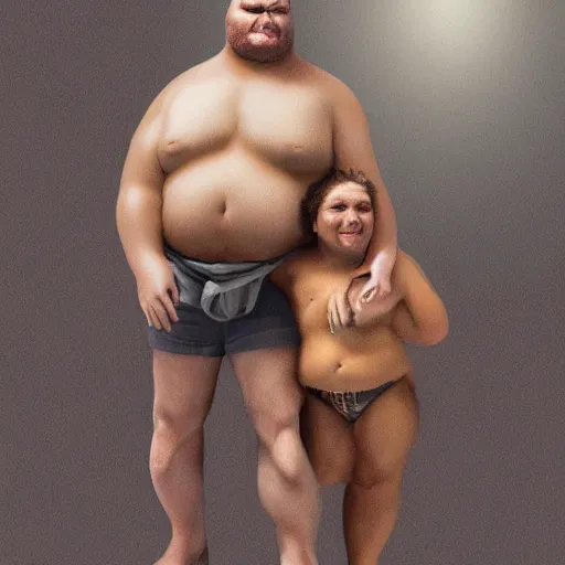 Prompt: a little person rides on the shoulder's of a huge 7 ft tall 5 0 0 pound man. hyperreal - h 6 4 0