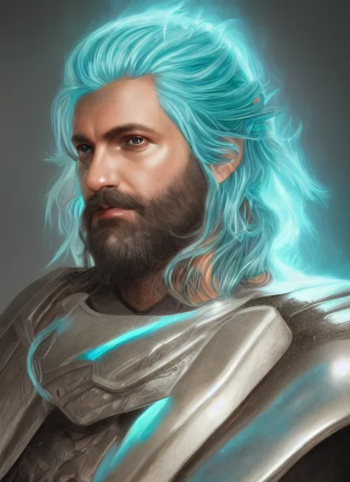 Image similar to an epic fantastic realism comic book style portrait painting of an aasimar paladin, teal energy, male, big angel wings on back, silver hair, short brown beard, d & d concept art, unreal 5, daz, hyperrealistic, octane render, cosplay, rpg portrait, dynamic lighting