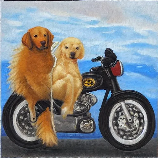 Image similar to “an English cream golden retriever riding a motorcycle wearing a leather jacket on a desert road, oil painting”