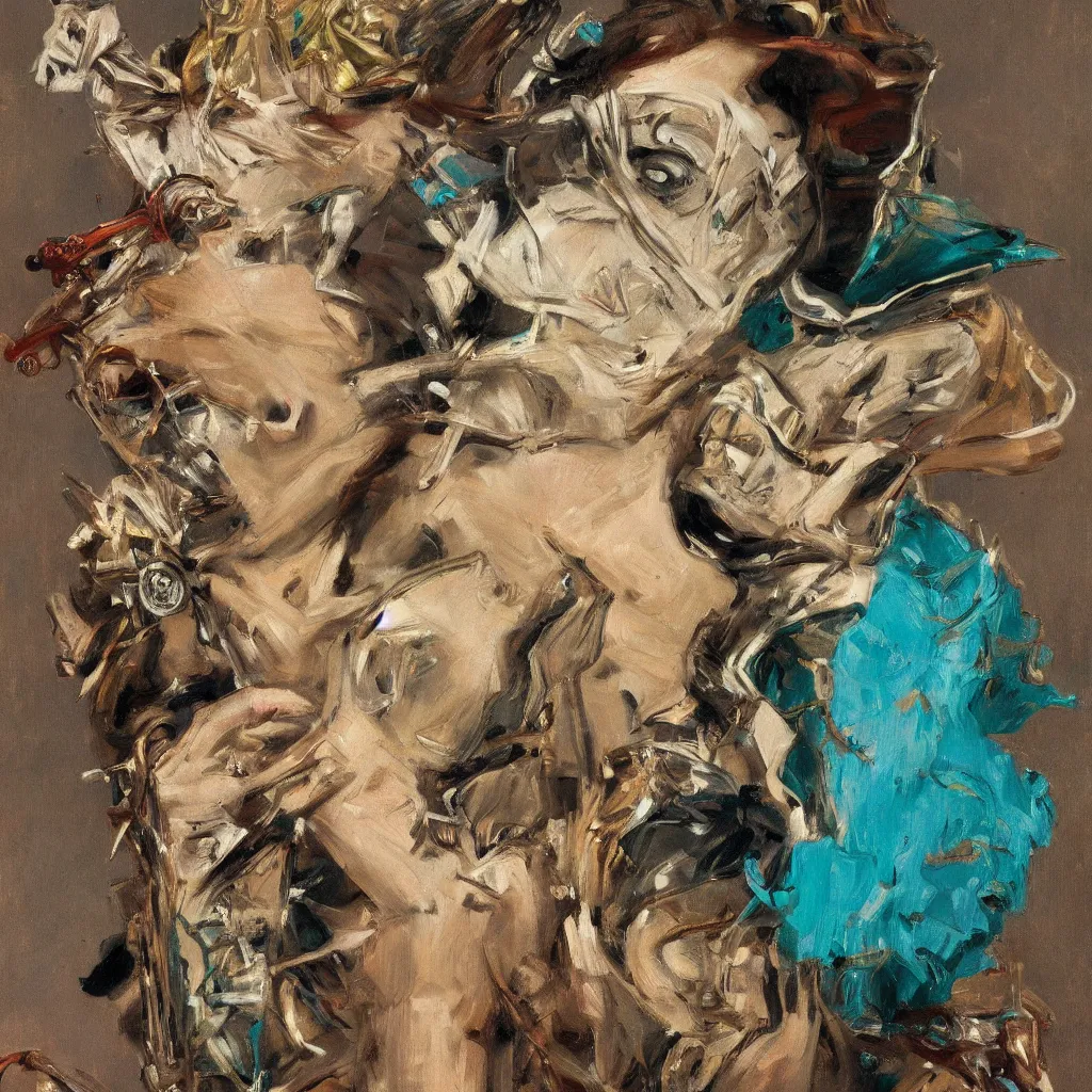 Prompt: high quality high detail painting by lucian freud, jenny savile, ilya repin and john singer sargent, steampunk crazy person with face mask dancing, turquoise, hd