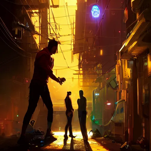 Image similar to two people arguing, detailed digital illustration by greg rutkowski, cyberpunk back alley, nighttime, colorful lighting, android netrunner