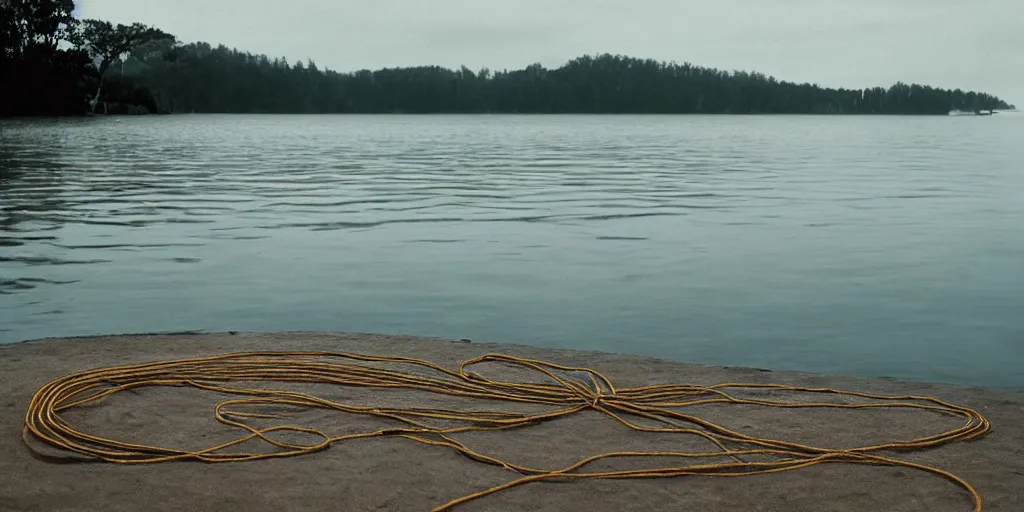 Prompt: centered photograph of a single line of thick big brown \ long rope floating on the surface stretching out to the center of the lake, a dark lake sandy shore on a cloudy day, color film, beach trees in the background, hyper - detailed kodak color film photo, anamorphic lens