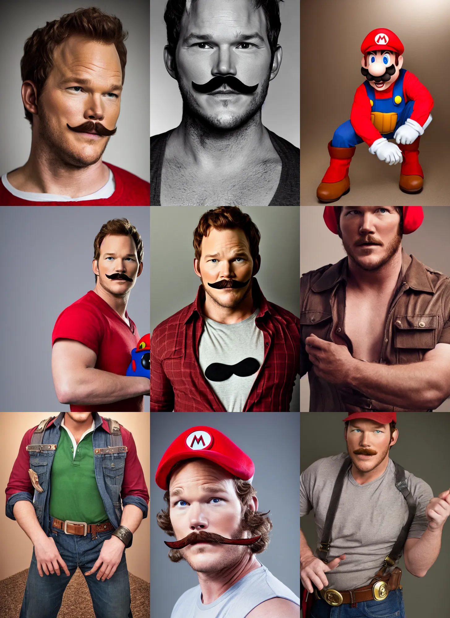 Image similar to chris pratt with a mustache dressed as mario, cosplay, detailed face, promo shoot, studio lighting