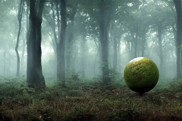 Image similar to a complex organic fractal 3 d ceramic sphere floating in a lush forest, foggy, cinematic shot, photo still from movie by denis villeneuve