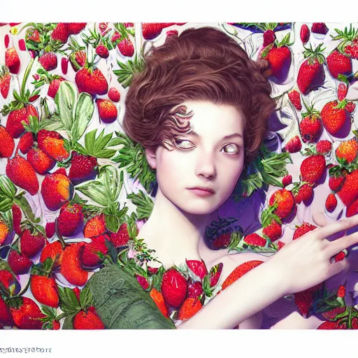 Image similar to the portrait of an absurdly beautiful, graceful, elegant, sophisticated, fashionable young woman made of strawberries and green petals looking up, an ultrafine hyperdetailed illustration by kim jung gi, irakli nadar, intricate linework, bright colors, octopath traveler, final fantasy, unreal engine 5 highly rendered, global illumination, radiant light, detailed and intricate environment