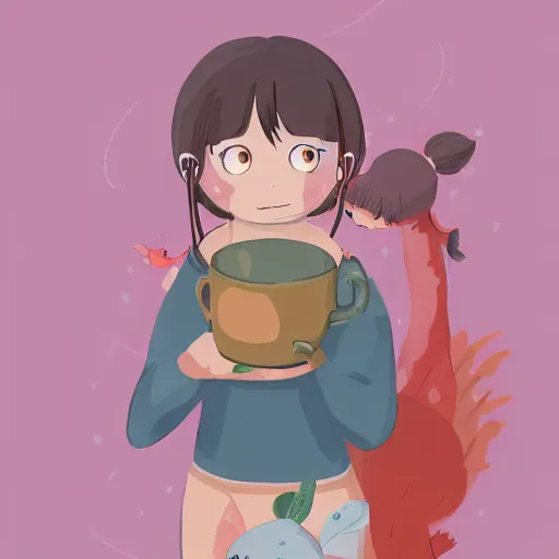 Image similar to little girl drinking tea with a friendly cryptid, digital art, artstation, studio ghibli