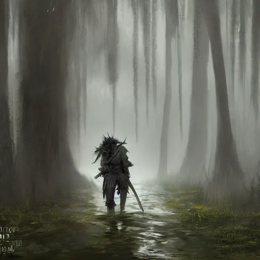 Prompt: concept art of a ragged looking knight walking through a swamp, foggy, weeping trees, torch in hand, high detail, trending on artstation, masterpiece, fantasy, high resolution, focus