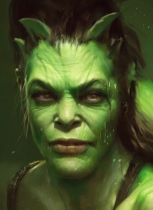 Prompt: fighting green orc female, light green tone beautiful face by jeremy mann, greg rutkowski, noah bradley, digital painting