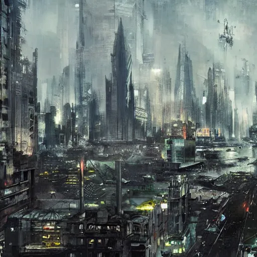 Prompt: A giant cityscape, by Greg Rutkowski and Dave McKean
