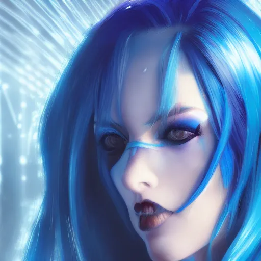 Prompt: a close up of a woman with blue hair, cyberpunk art by Artgerm, featured on cgsociety, fantasy art, deviantart, 2d game art, deviantart hd