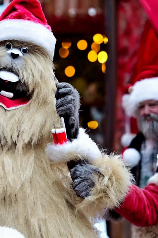 Image similar to a very cute, cream colored and very furry yeti wearing lederhosen singing carols in a German Christmas market, very detailed