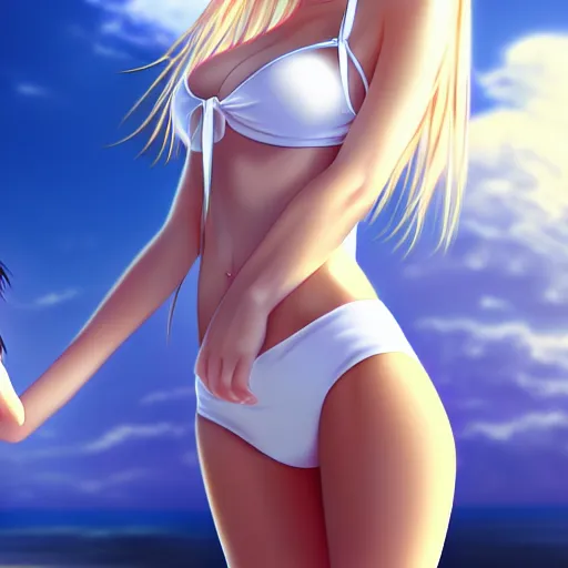Prompt: tiny father a tall daughter picture : a very beautiful young blond macro anime girl with a tiny father, sky blue eyes, bikini, white miniskirt, highly detailed, cinematic wallpaper by stanley artgerm lau
